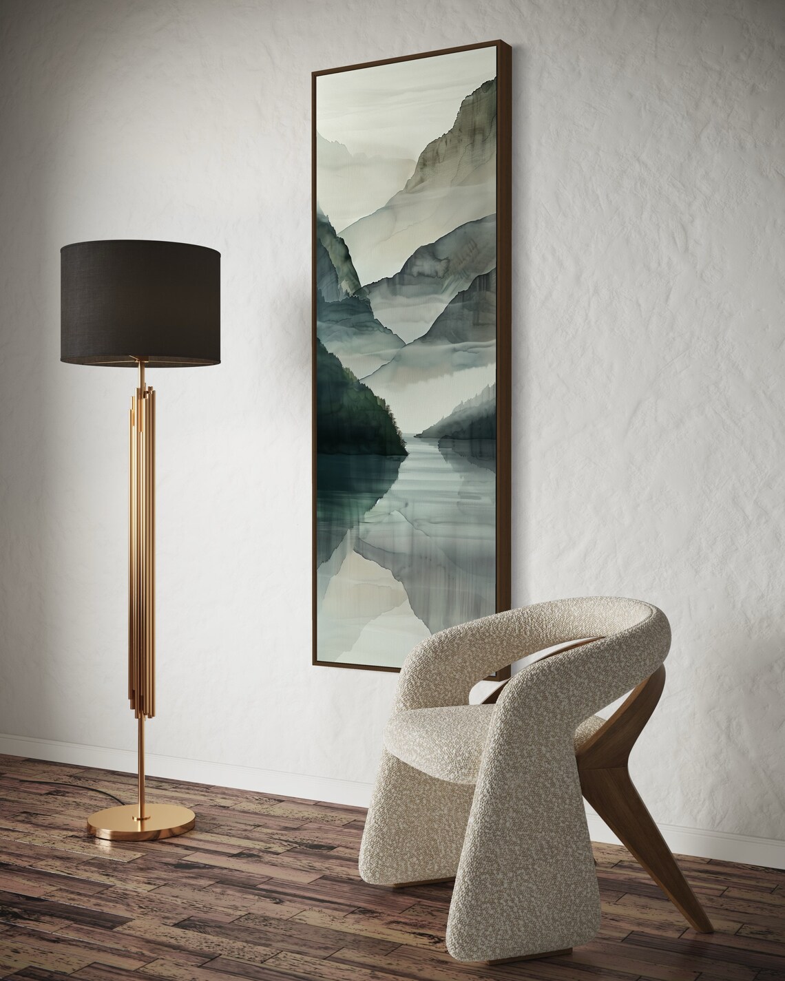 Misty Mountains and Water Reflection Minimalist Art Print - Image 2