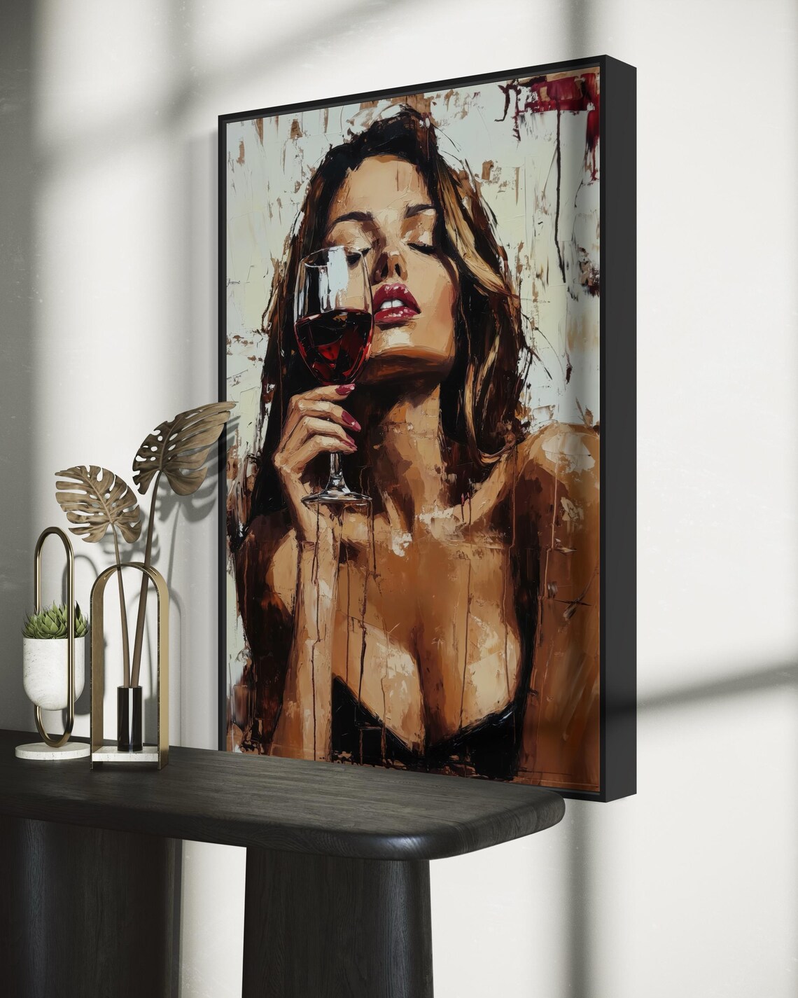 Glamorous Woman Savoring Red Wine Bold Brushstroke Modern Bar Wall Poster - Image 3