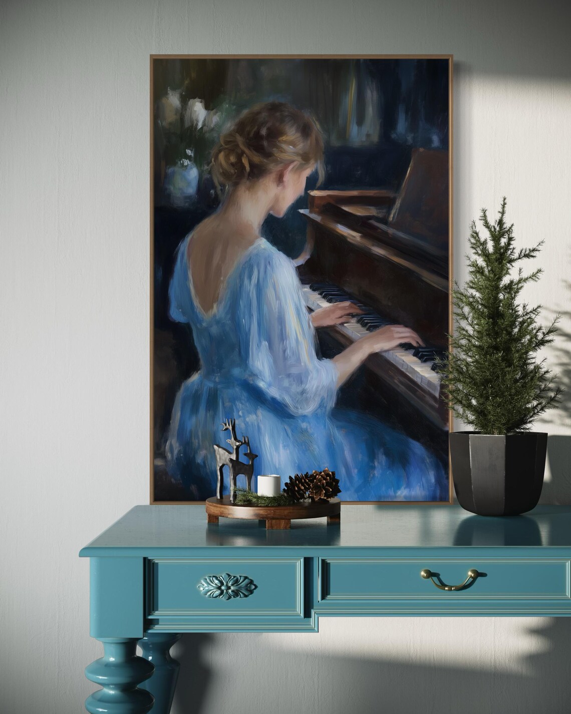 Elegant Woman Playing Grand Piano Flowing Blue Dress Music Poster - Image 5