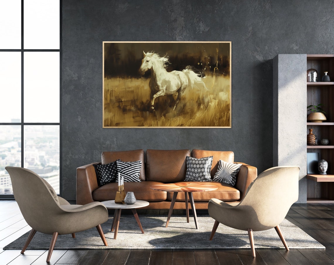 Majestic White Horse Galloping Through Golden Field Art Poster - Image 2