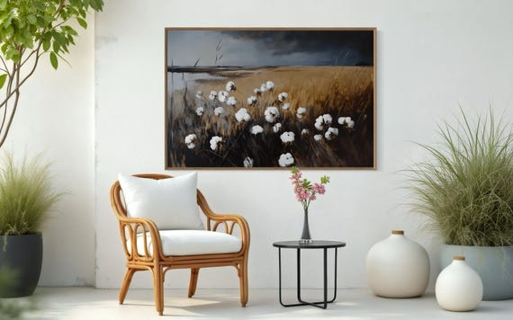 Rustic Cotton Field Wall Art Moody Landscape Neutral Farmhouse Decor Elegant Countryside Print For Living Room
