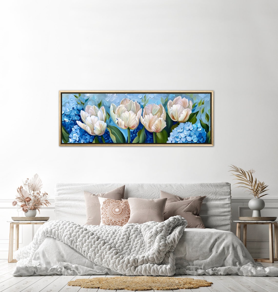 Elegant White Tulips Blue Hydrangeas Panoramic Floral Painting Poster - Image 5