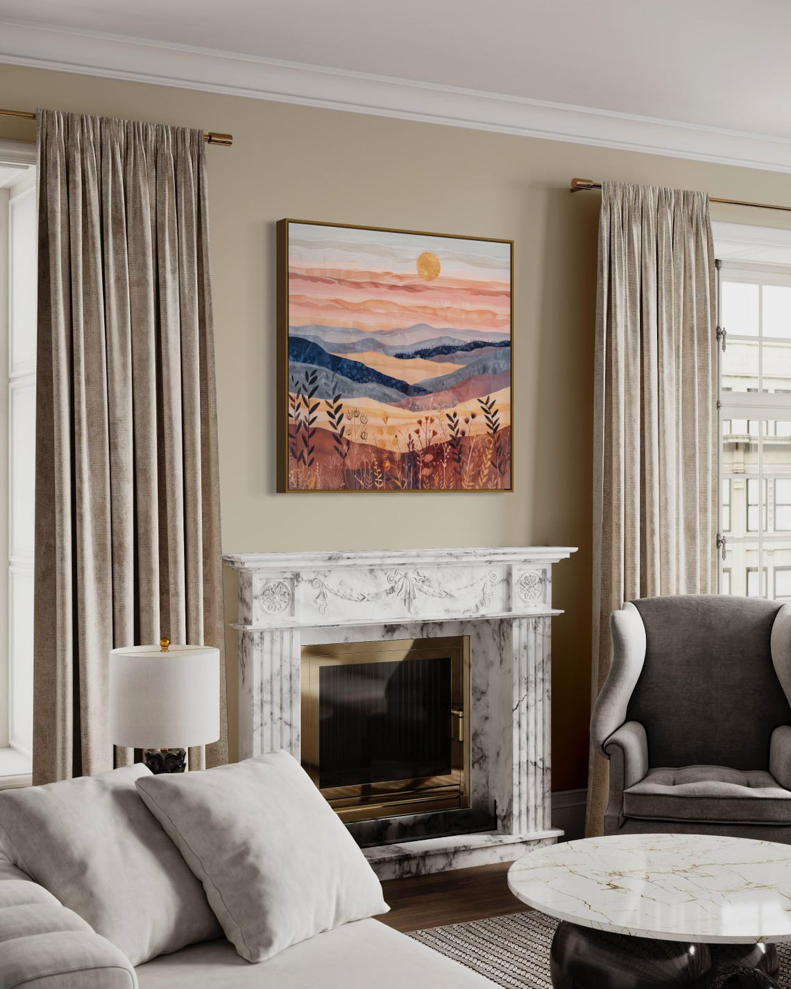 Boho Sunrise Over Rolling Hills Vibrant Mountain Print For Luxury Home Decor Minimalist Boho Wall Art Square Painting Print - Image 5