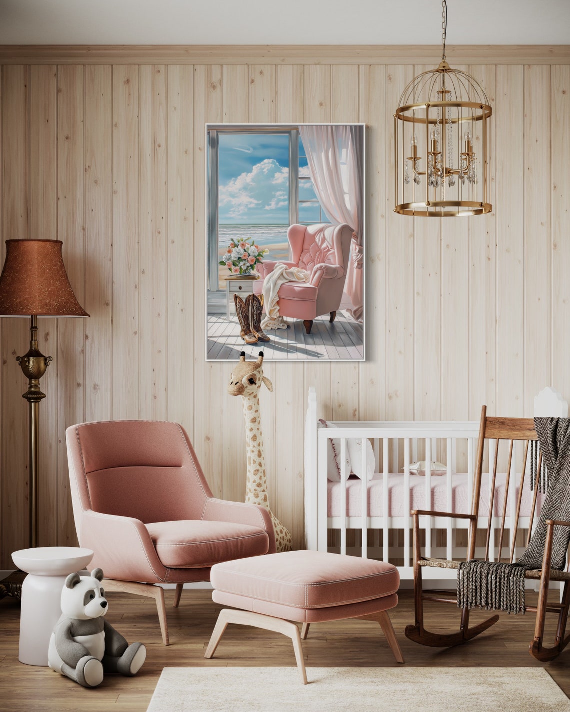 Coastal Cowgirl Reading Nook Pink Chair Ocean View Window Wall Art - Image 4