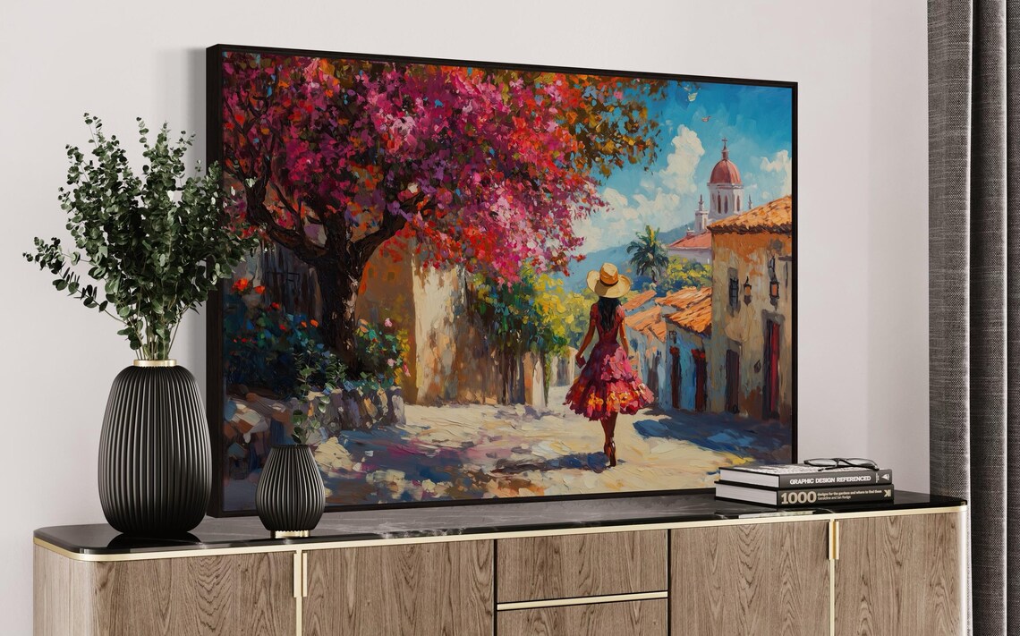 Vibrant Mexican Street Bougainvillea Village Woman Walking Art Print - Image 5