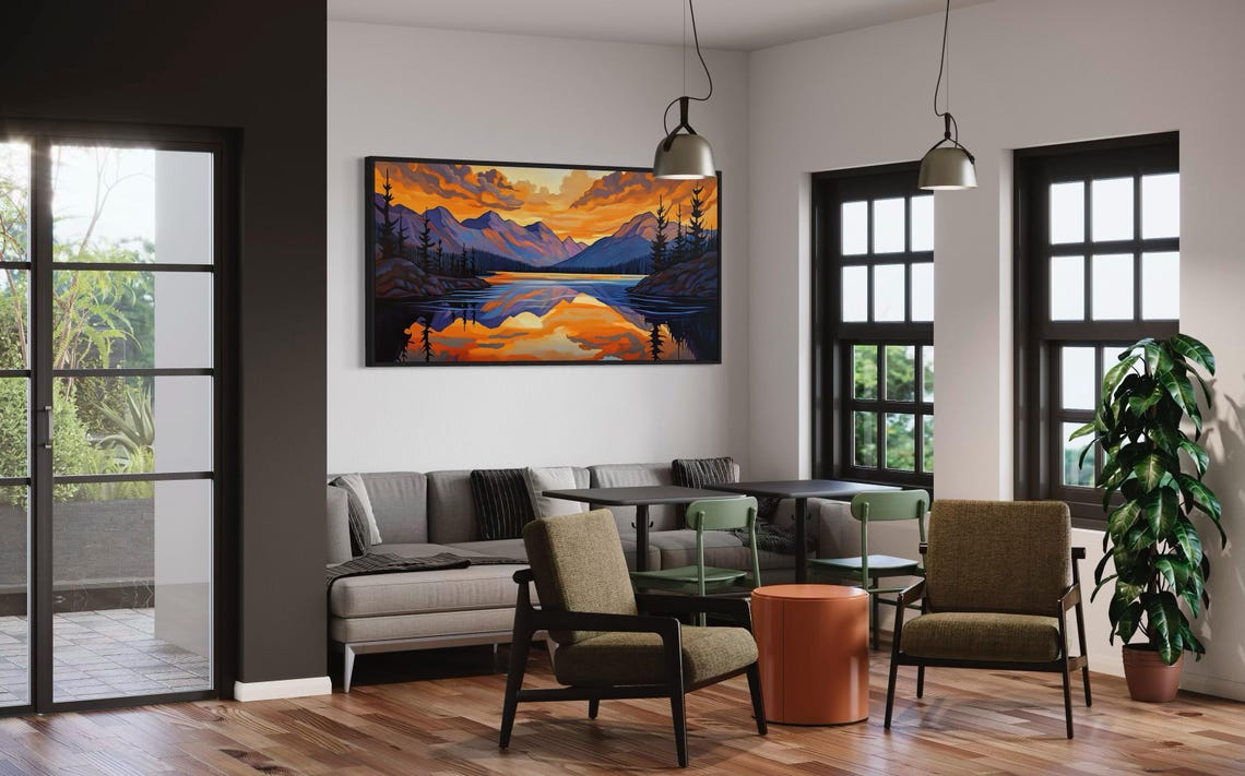 Orange Sunset Mountain Lake Panoramic Reflection Scenic Travel Poster - Image 2