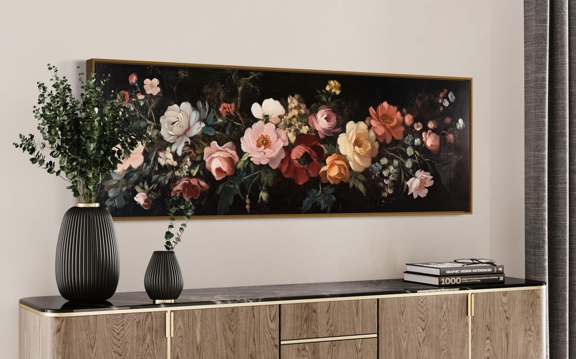 Vintage Moody Floral Rose Painting Dark Botanical Panoramic Poster - Image 3