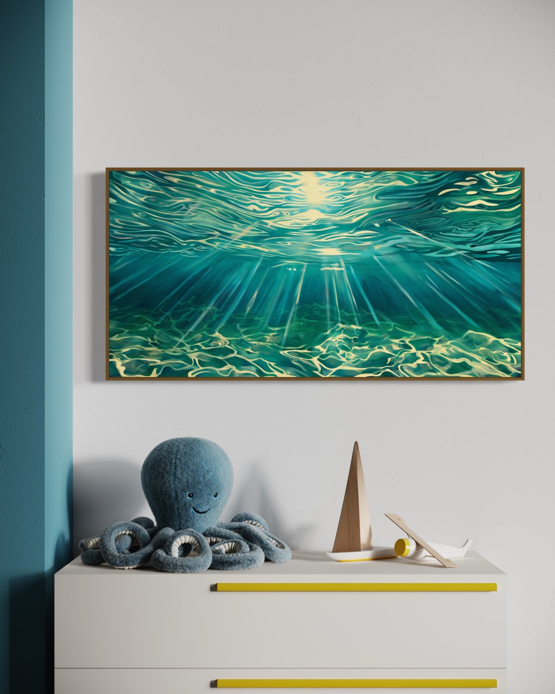 Turquoise Underwater Sun Rays Panoramic Ocean Light Waves Art Poster - Image 4