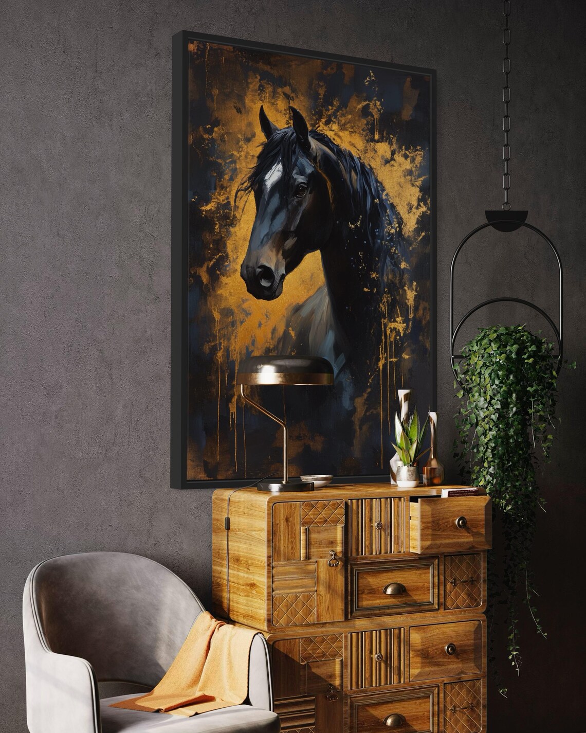 Majestic Black Stallion Horse Gold Accents Abstract Moody Poster - Image 2