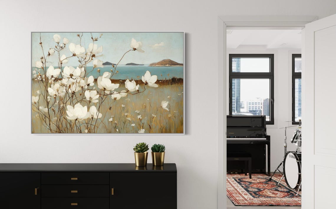White Magnolia Blossoms Coastal Seascape Teal Water Floral Art Poster - Image 2
