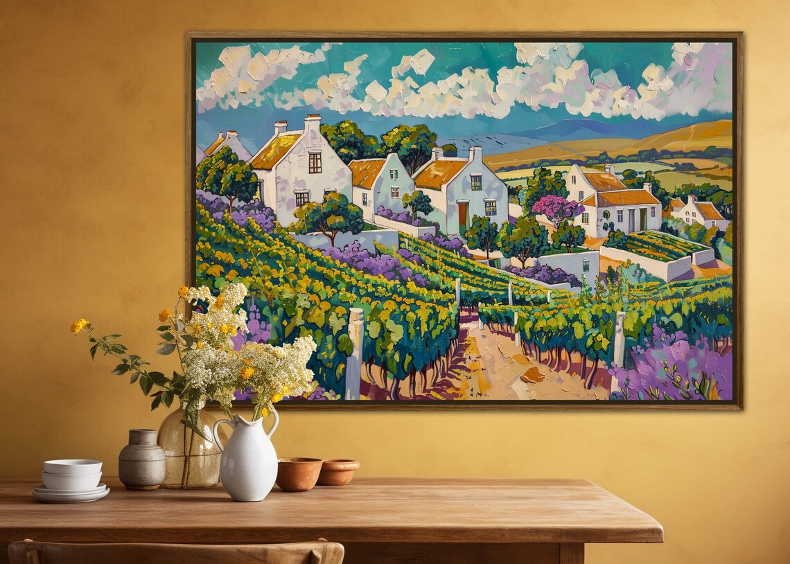 Sunny Vineyard Village White Houses Rolling Hills Colorful Landscape Poster - Image 5
