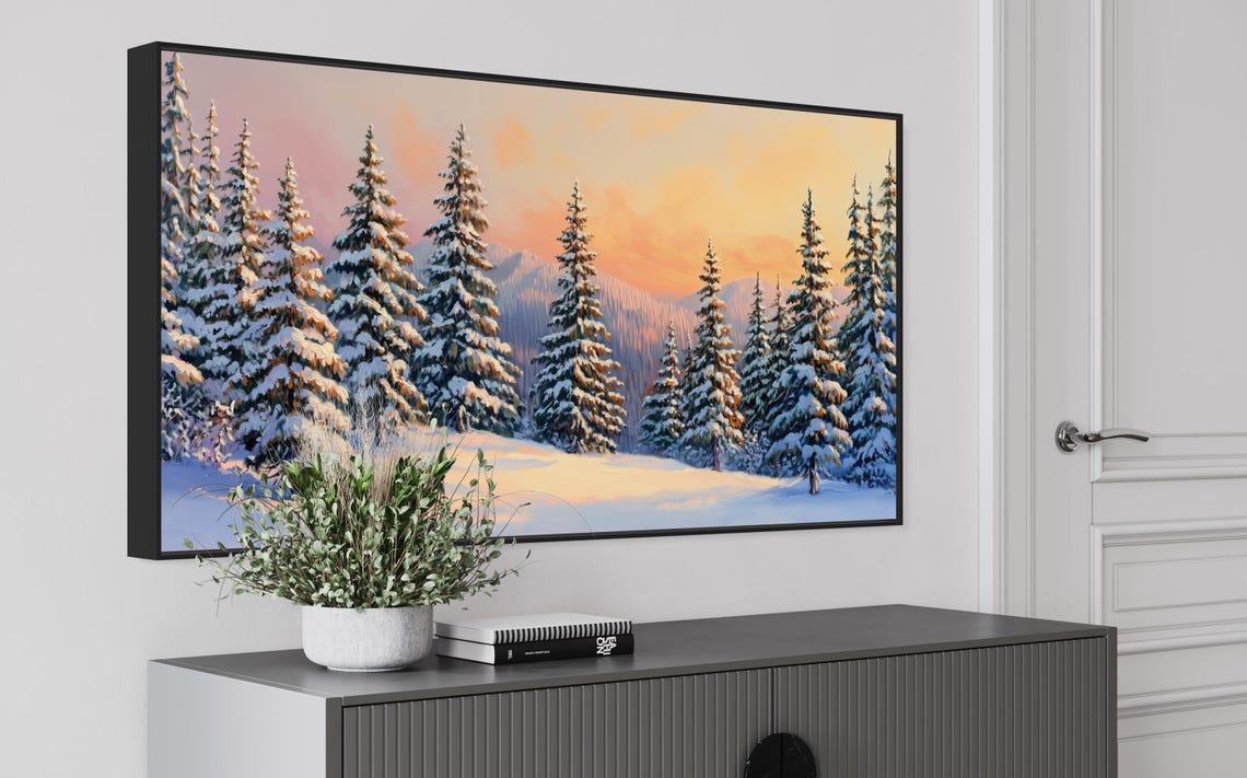 Snowy Pine Forest Winter Sunset Glow Mountains Panoramic Wall Print - Image 4