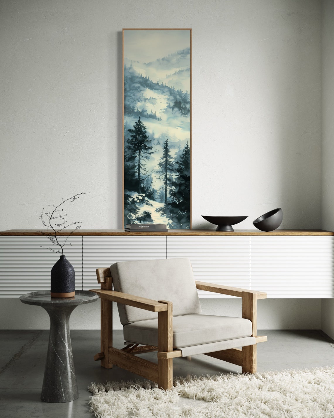 Misty Blue Pine Forest Snowy Mountain Fog Tall Narrow Vertical Poster - Image 3