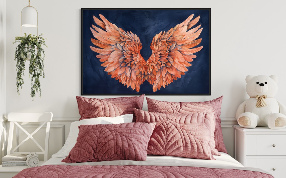 Dreamy Peach Angel Wings Navy Ethereal Abstract Wall Art Print