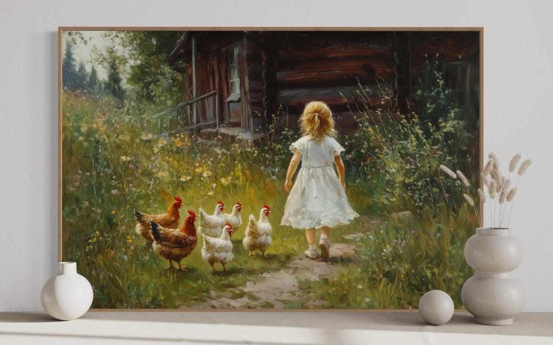 Rustic Farmhouse Wall Art Cottagecore Countryside Print With Little Girl Art Chickens And Wildflowers Perfect For Cozy Country Living - Image 5