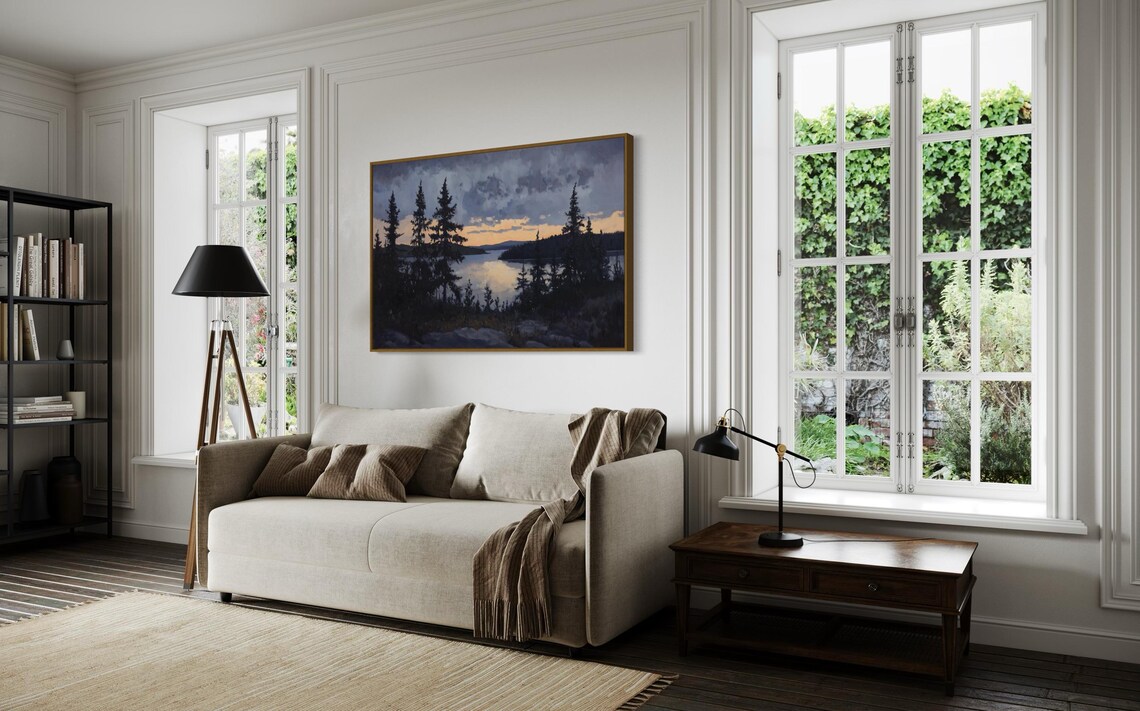 Twilight Lake Wall Art Serene Sunset Over Pine Tree Silhouettes Reflective Water Landscape Print For Rustic Lake House Decor - Image 2