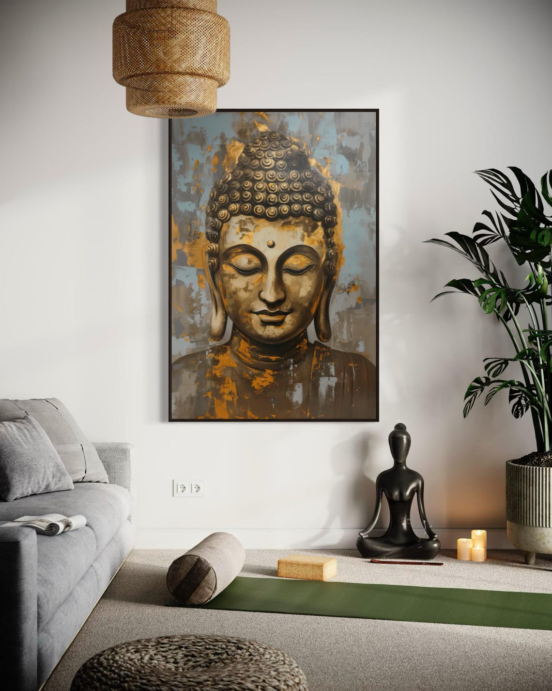 Serene Gold Buddha Face Zen Blue Grey Spiritual Wall Art Poster - Image 5