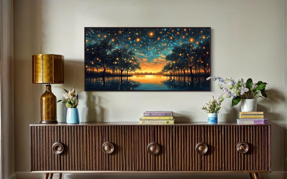 Dreamy Starry Night Lakeside Landscape Enchanted Twilight Print For Celestial Home Decor And Lake House Charm