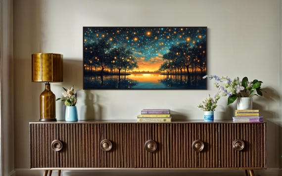 Dreamy Starry Night Lakeside Landscape Enchanted Twilight Print For Celestial Home Decor And Lake House Charm