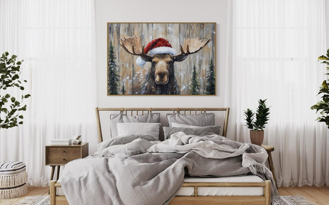 Santa Moose Christmas Art Print, Rustic Holiday Decor - Image 3