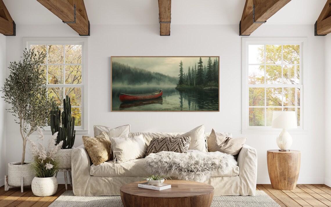 Red Canoe Misty Lake Dark Pine Forest Moody Vintage Boat Art Poster - Image 5