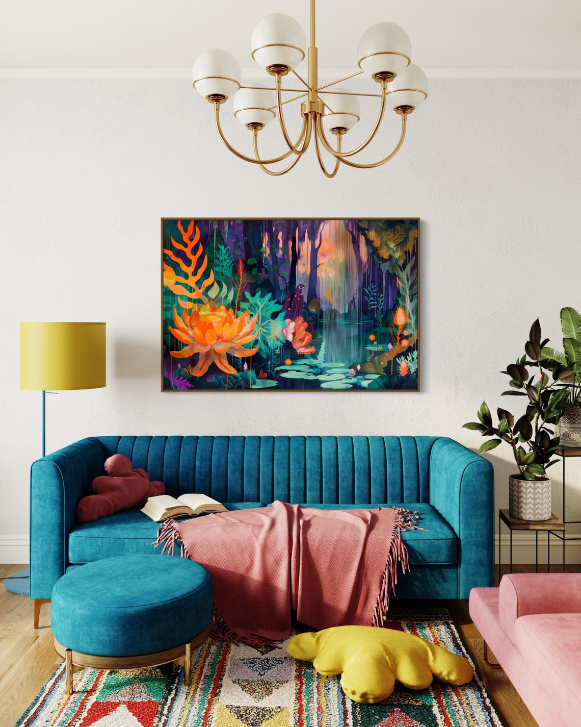 Psychedelic Neon Jungle Lotus Pond Purple Teal Fantasy Wall Art - Image 5