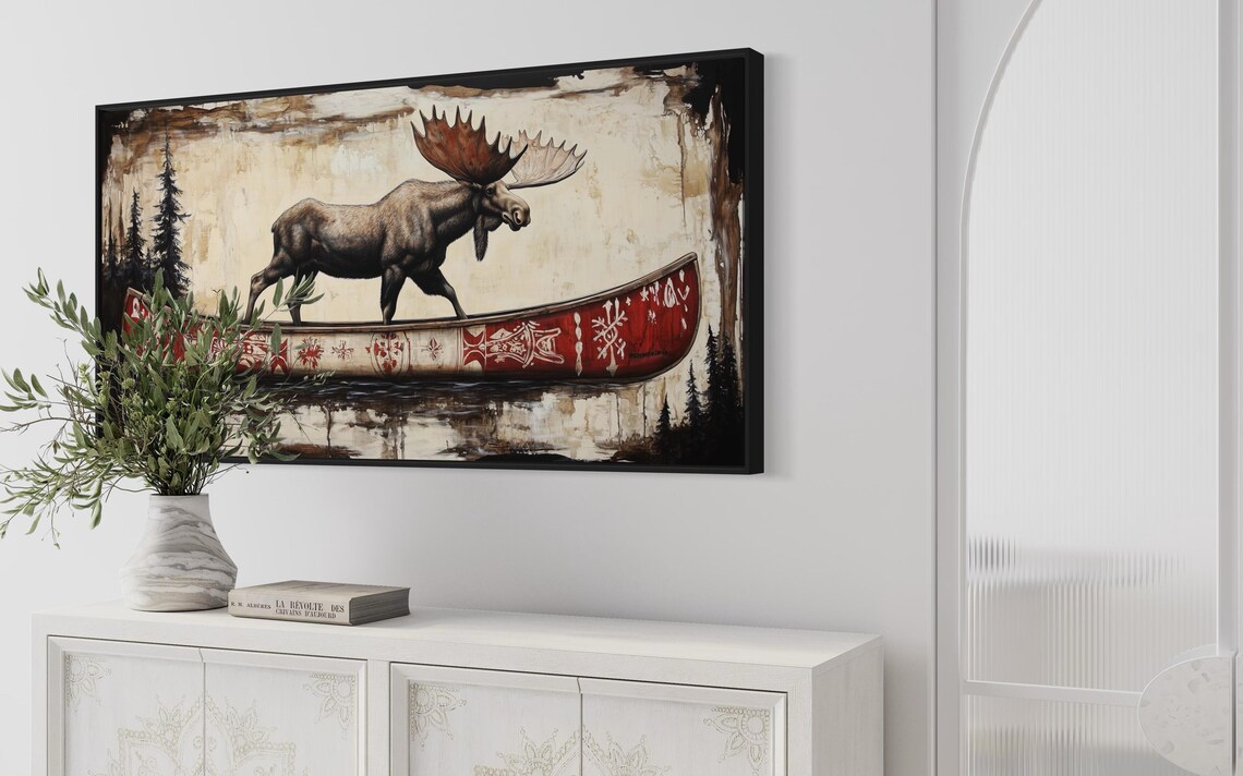 Moose Walking Red Patterned Canoe Reflective Water Rustic Wildlife Poster - Image 5