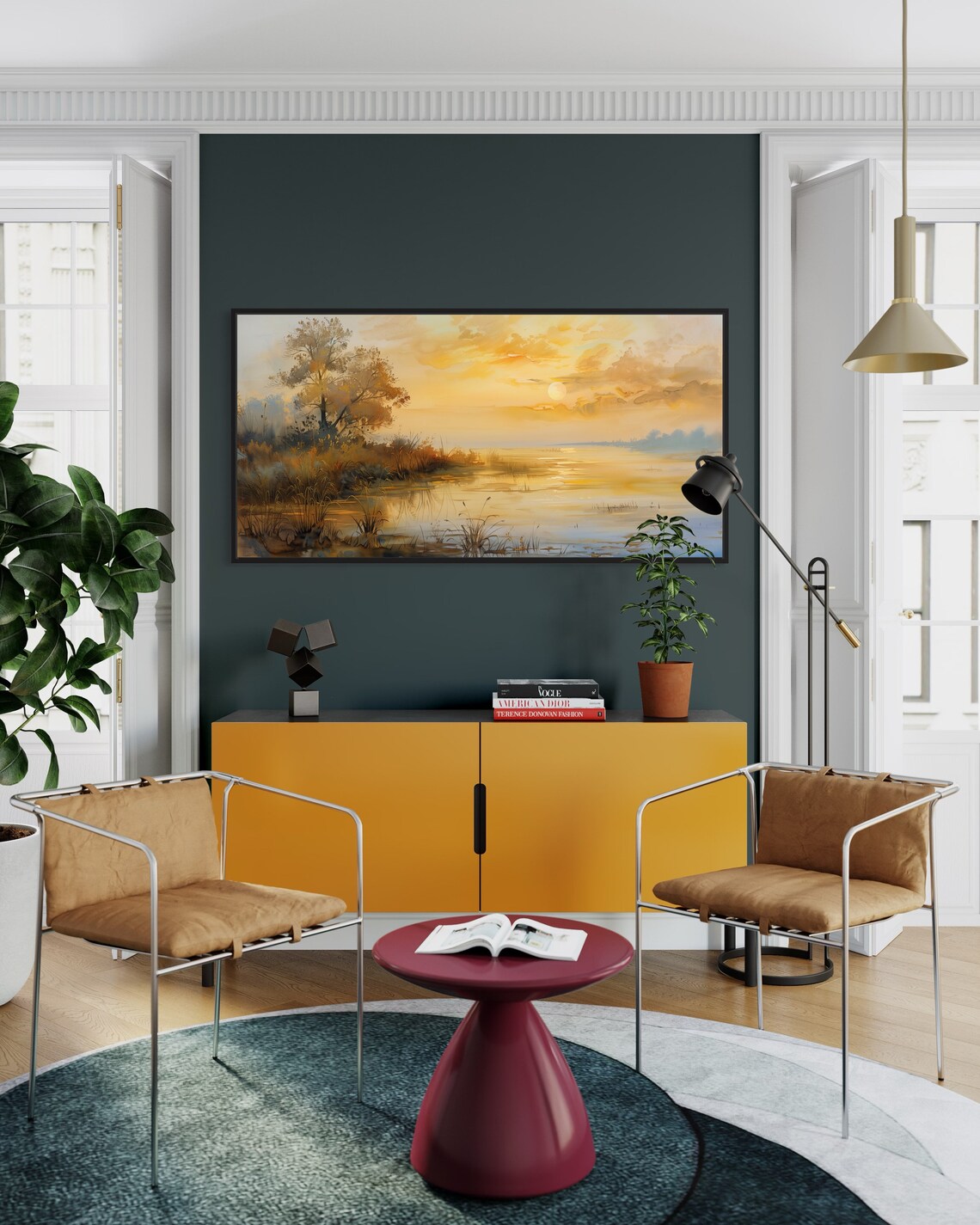Autumn Sunrise Misty Lakeside Reeds Golden Watercolor Art Poster - Image 5