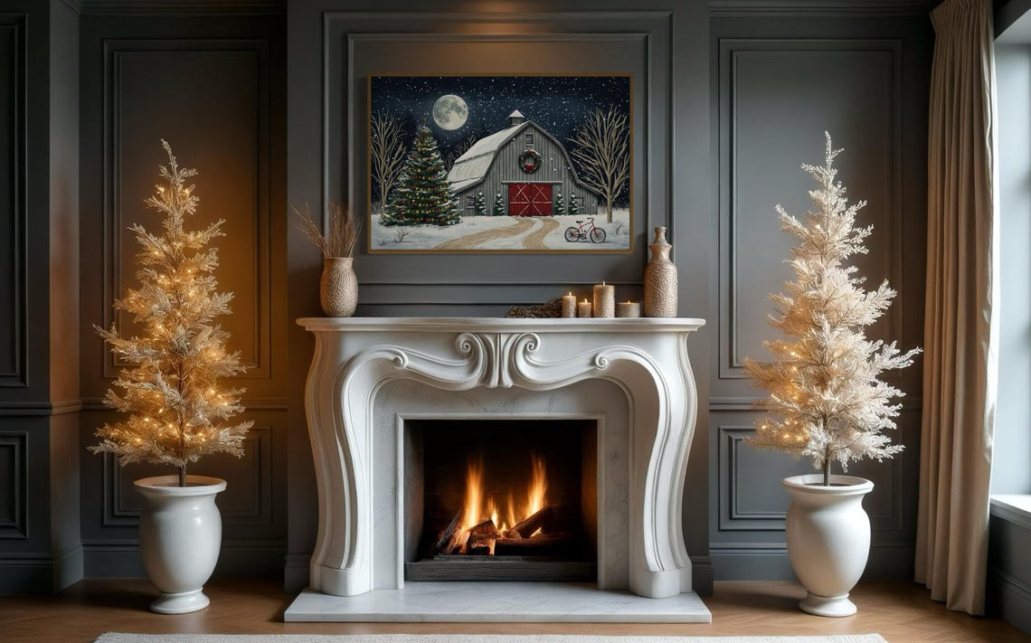 Snowy Christmas Barn Night With Glowing Tree And Festive Wreath Poster - Image 2