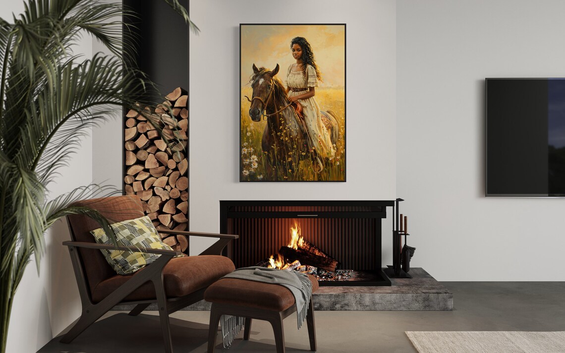 Black Woman Riding Horse in Golden Wildflower Meadow Vintage Poster - Image 2
