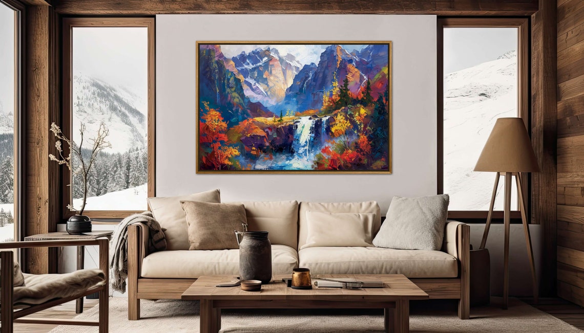 Autumn Mountain Waterfall Valley Impasto Landscape Travel Poster - Image 2