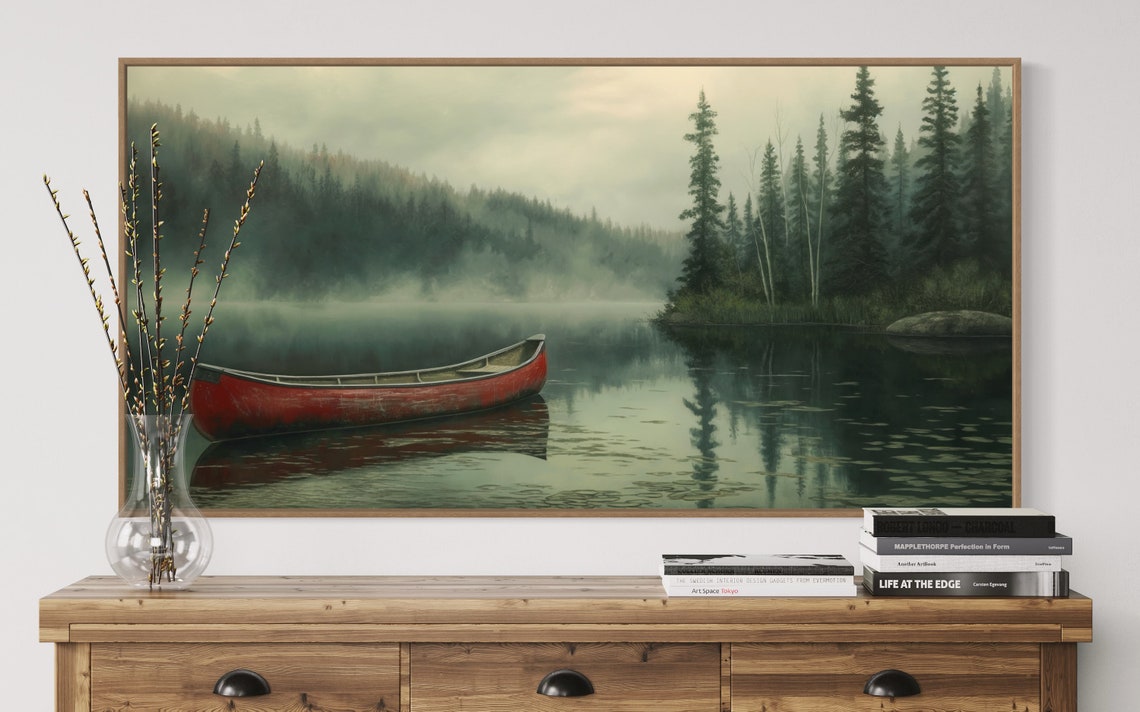 Red Canoe Misty Lake Dark Pine Forest Moody Vintage Boat Art Poster - Image 3