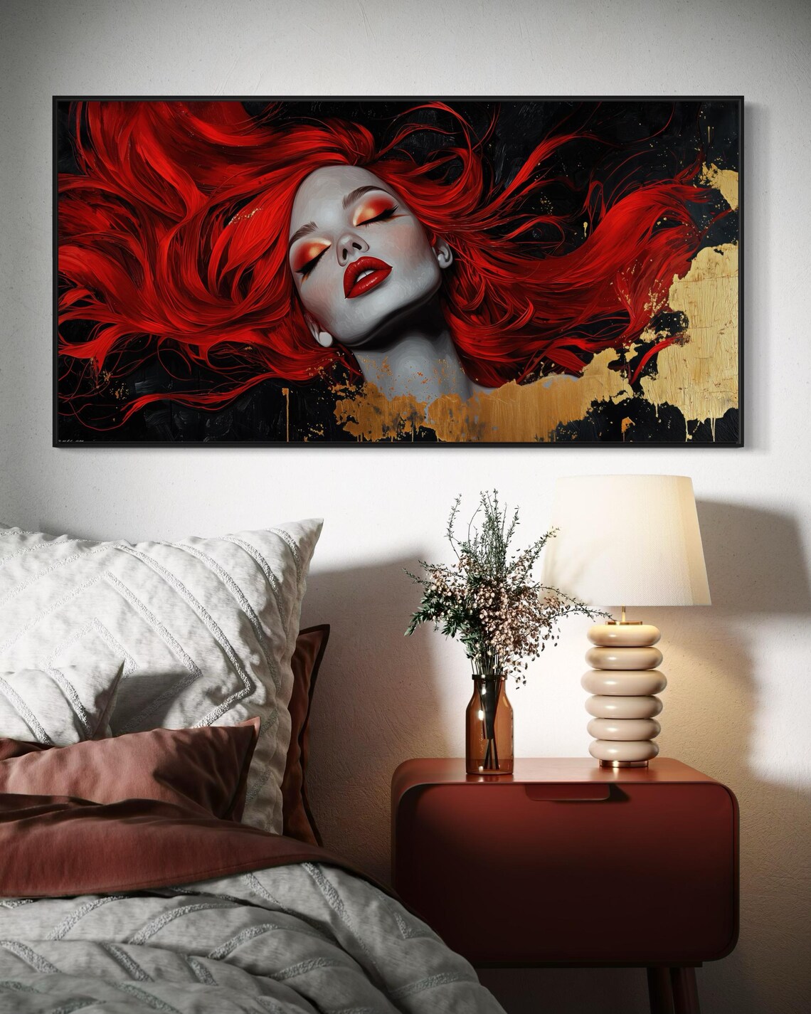 Flowing Red Hair Woman Portrait Gold Black Glamorous Beauty Art Poster - Image 5