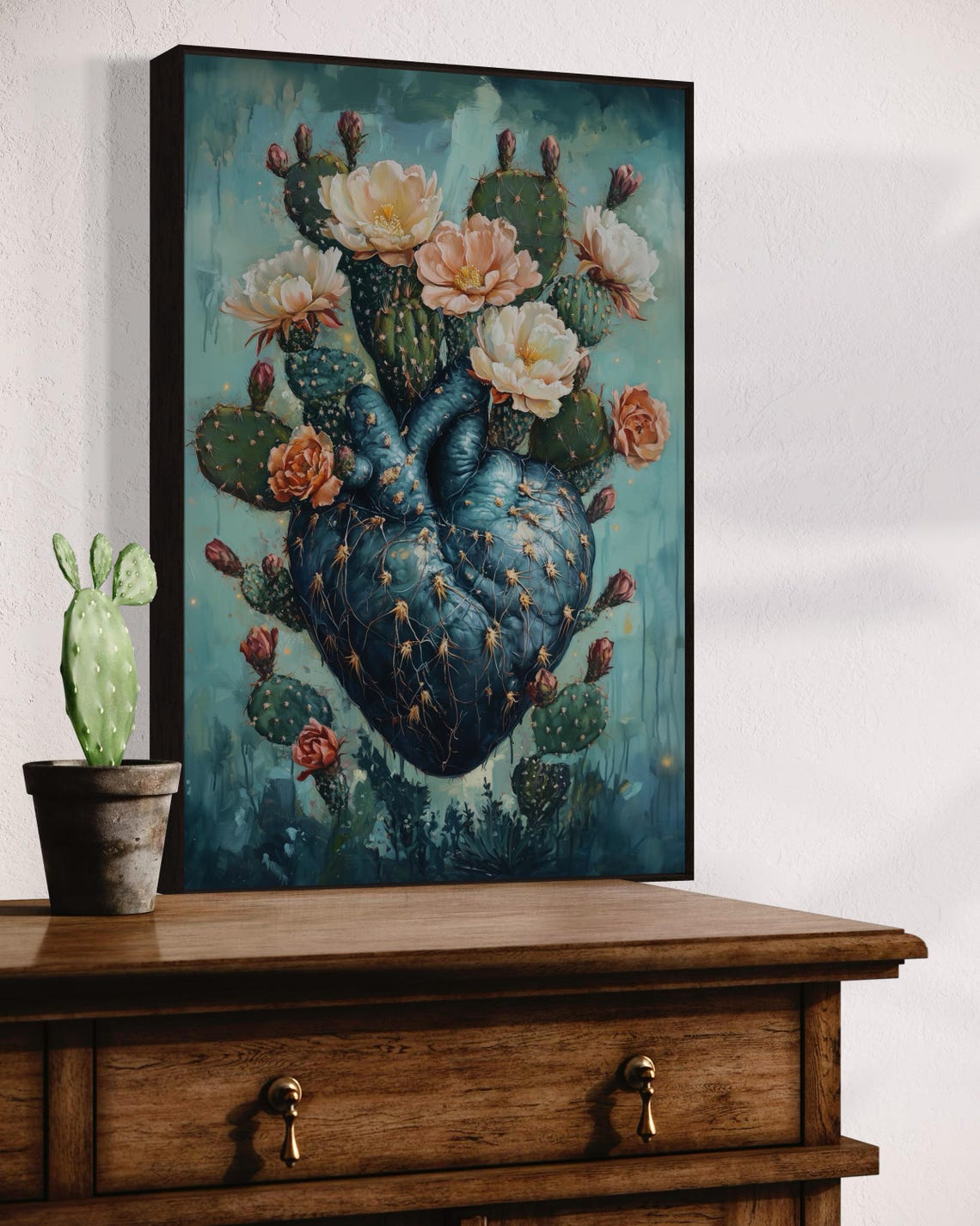 Heart Shaped Blooming Cactus Teal Botanical Desert Floral Art Poster - Image 2