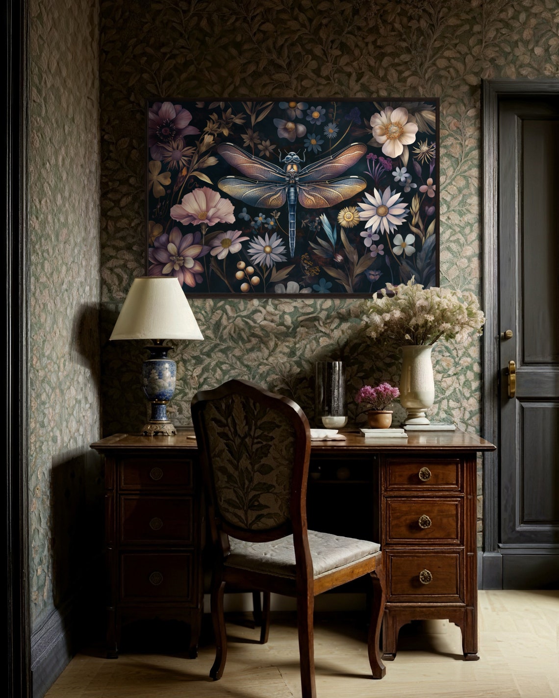 Whimsical Dragonfly On Dark Floral Botanical Moody Art Poster - Image 2