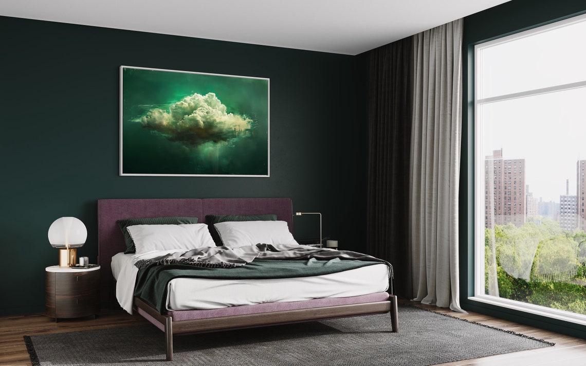 White Cloud Emerald Green Decor Peaceful Bedroom Art Modern Impressionism Cloud Painting Print For Hallway And Coquette Decor - Image 2