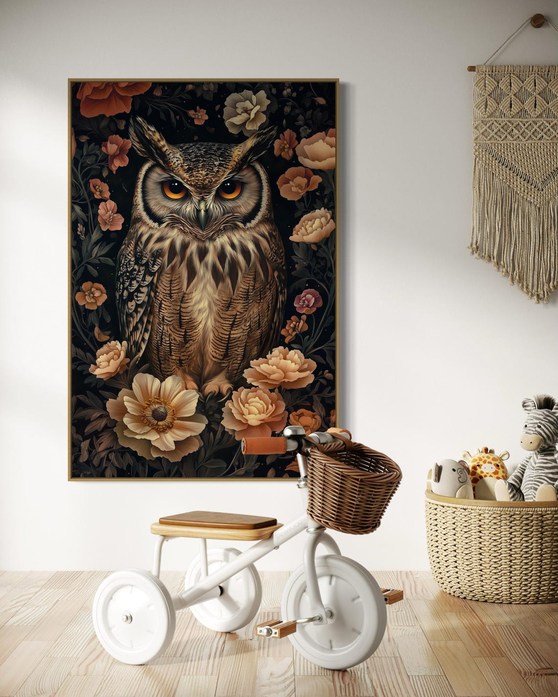 Majestic Great Horned Owl Dark Floral Botanical Wildlife Art Poster - Image 4