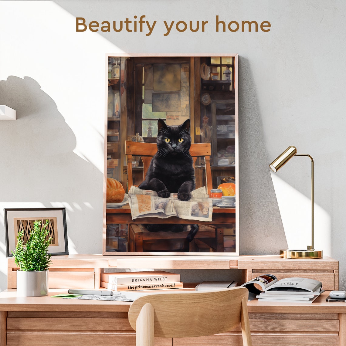 Black Cat Reading Newspaper Kitchen Table Morning Coffee Art Poster - Image 3