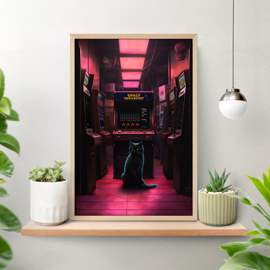 Black Cat in Neon 80s Arcade Room Space Invaders Retro Gamer Poster