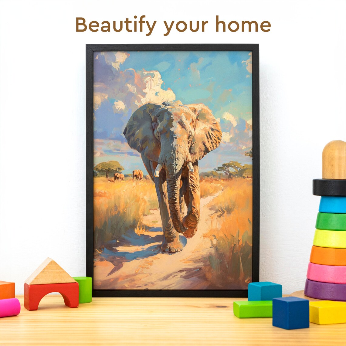 African Elephant Walking Toward You on a Savannah Oil Painting Poster - Image 3