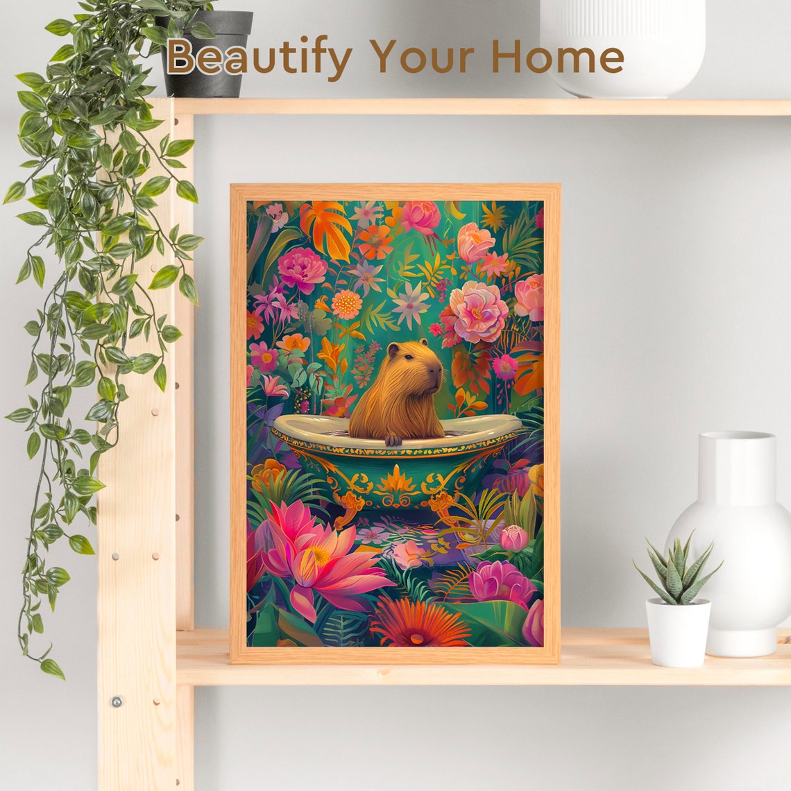 Capybara Relaxing in Bathtub Amid Vibrant Tropical Flowers Poster - Image 3