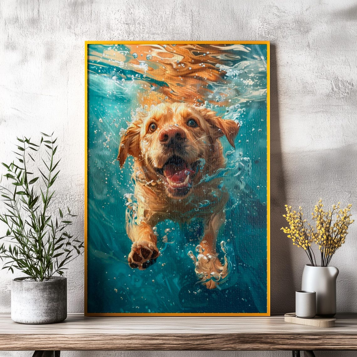 Golden Labrador Swimming Underwater in a Pool Portrait Poster