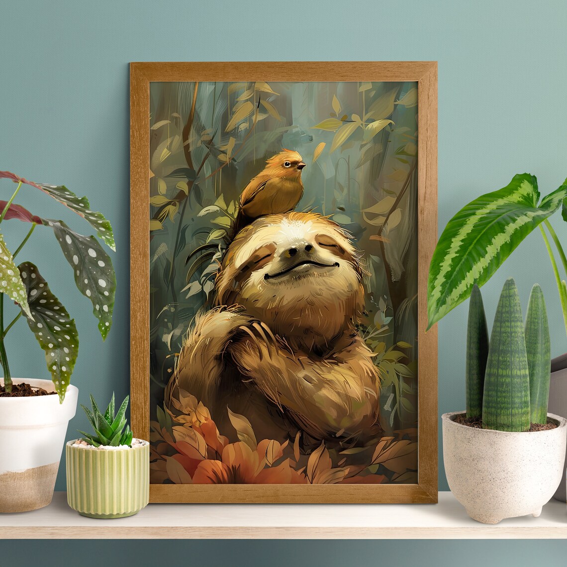 Joyful Sloth and Bird, Wildlife Nursery Art Print