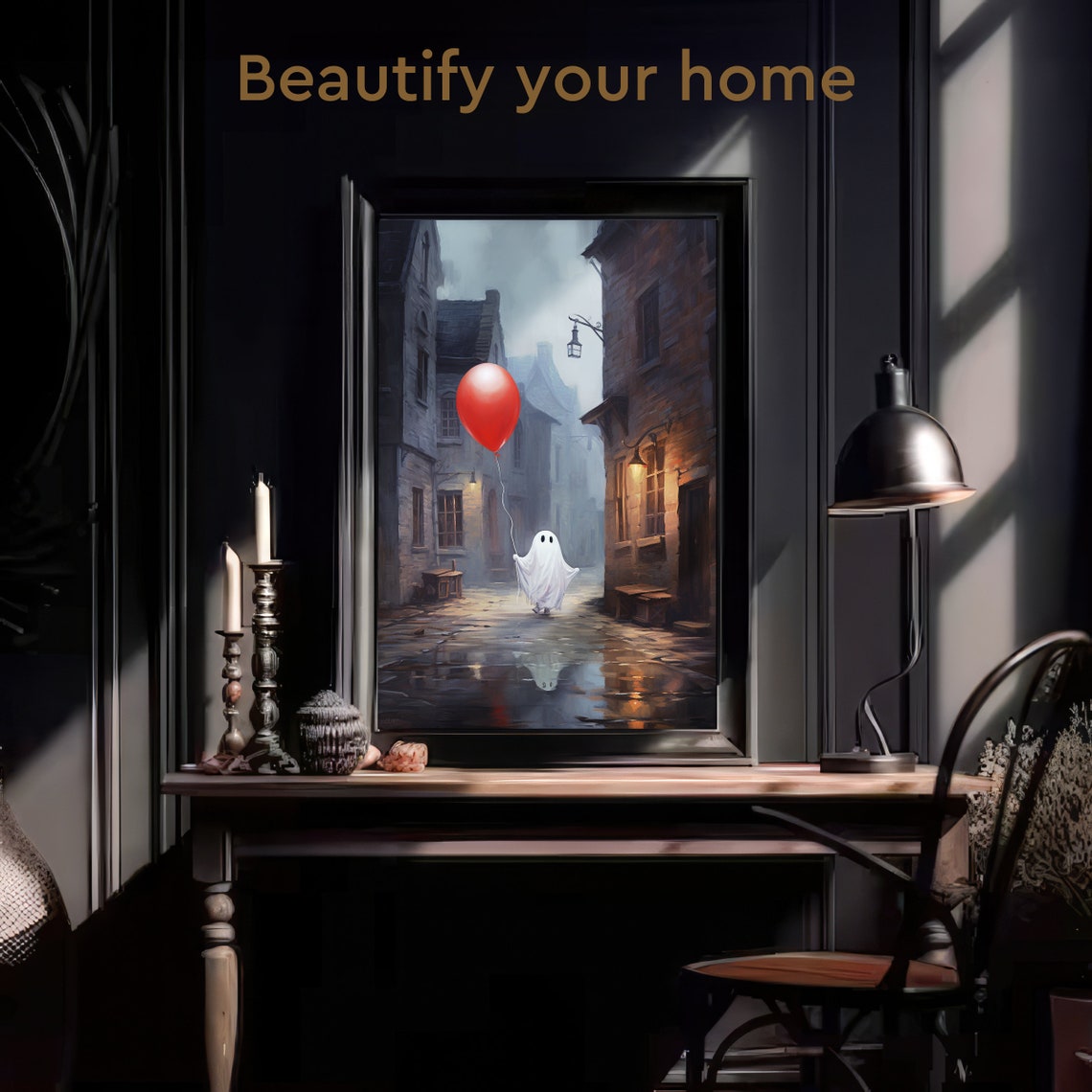 Tiny Ghost Holding a Red Balloon in a Foggy Old Town Alley Poster - Image 3