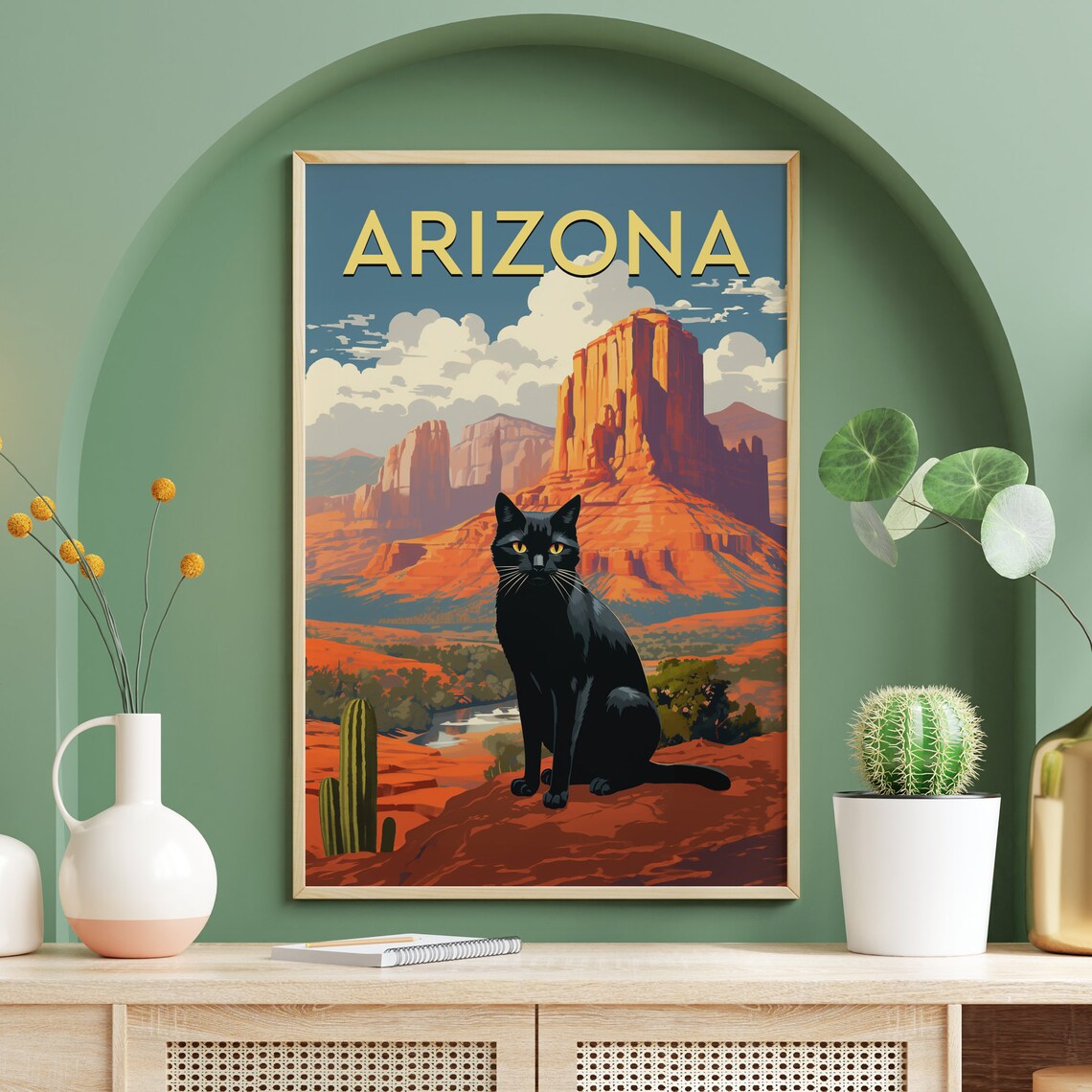 Arizona Black Cat Travel Poster, Vintage Desert