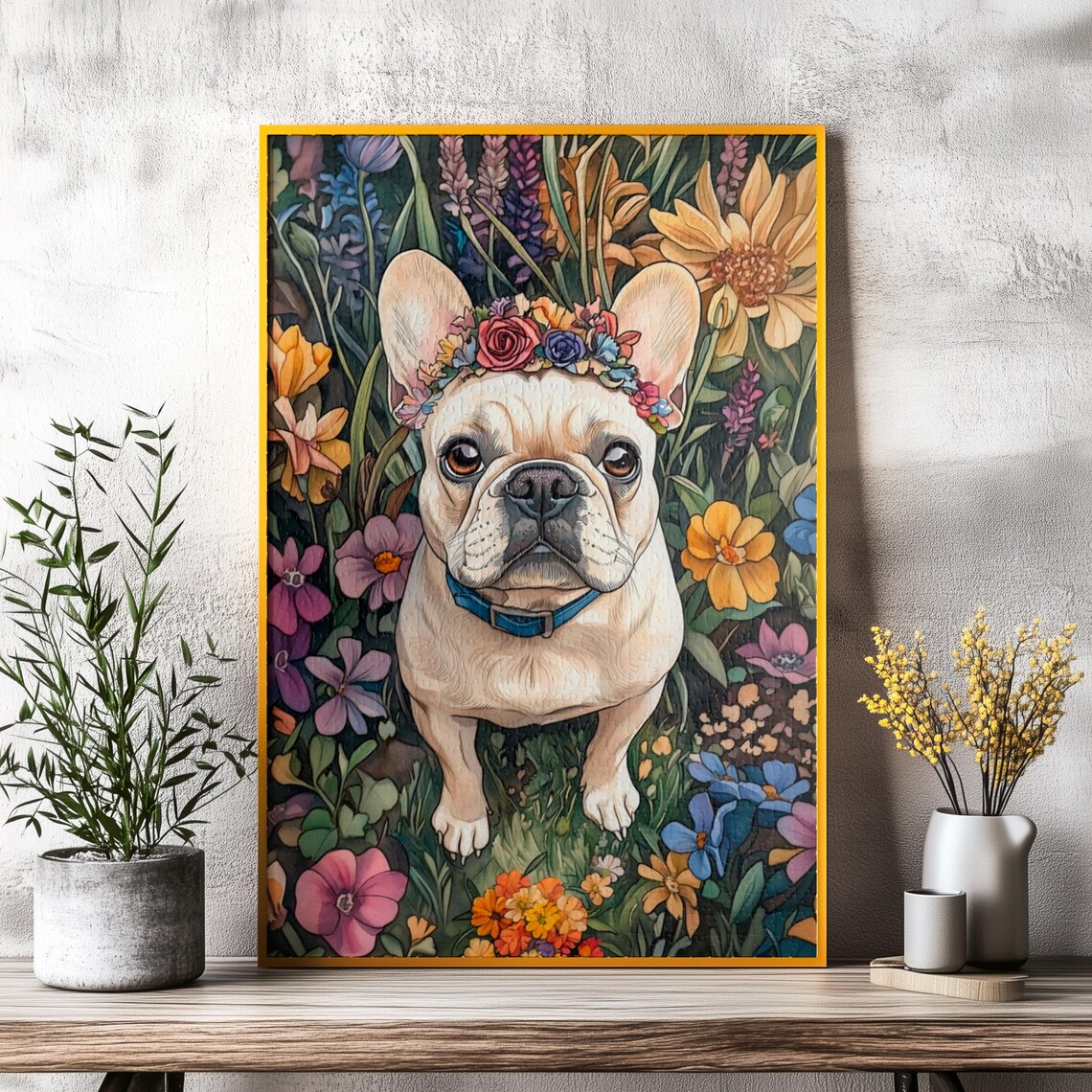 Garden Flower Crown Bulldog, French Bulldog Art Print