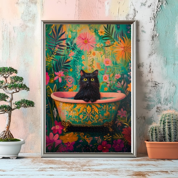 Sleek Black Cat Lounging in Ornate Floral Bathtub Surrounded by Tropical Flowers Poster