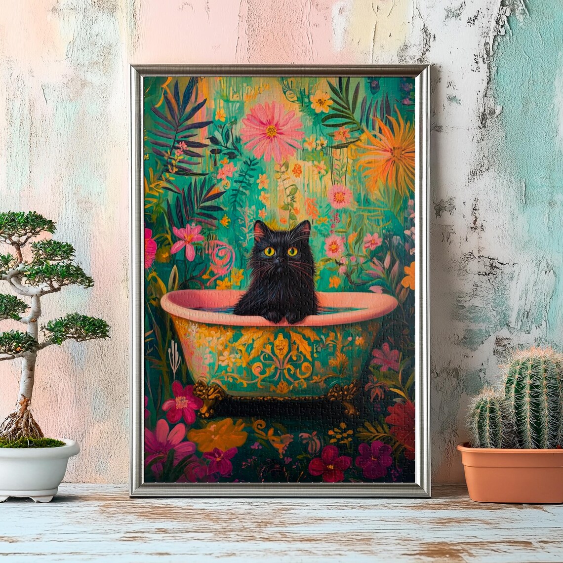 Sleek Black Cat Lounging in Ornate Floral Bathtub Surrounded by Tropical Flowers Poster