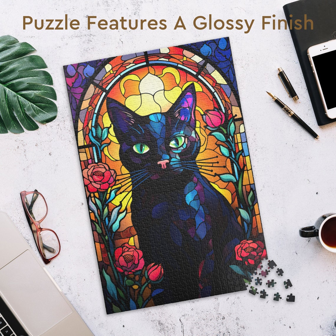 Stained Glass Black Cat Roses Gothic Window Jigsaw Puzzle Art Poster - Image 3