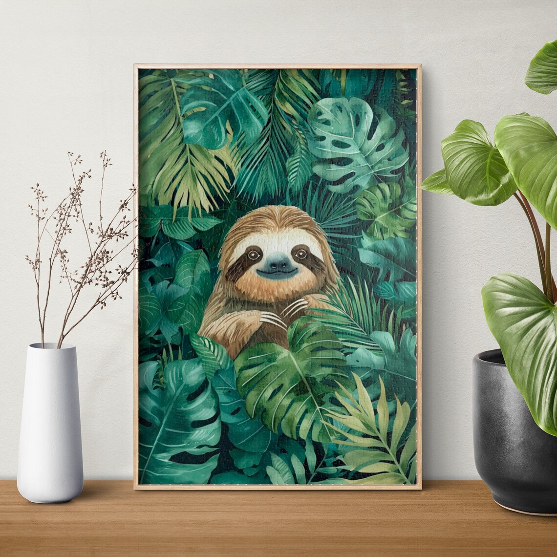 Smiling Sloth Peeking Through Tropical Monstera Leaves Watercolor Poster